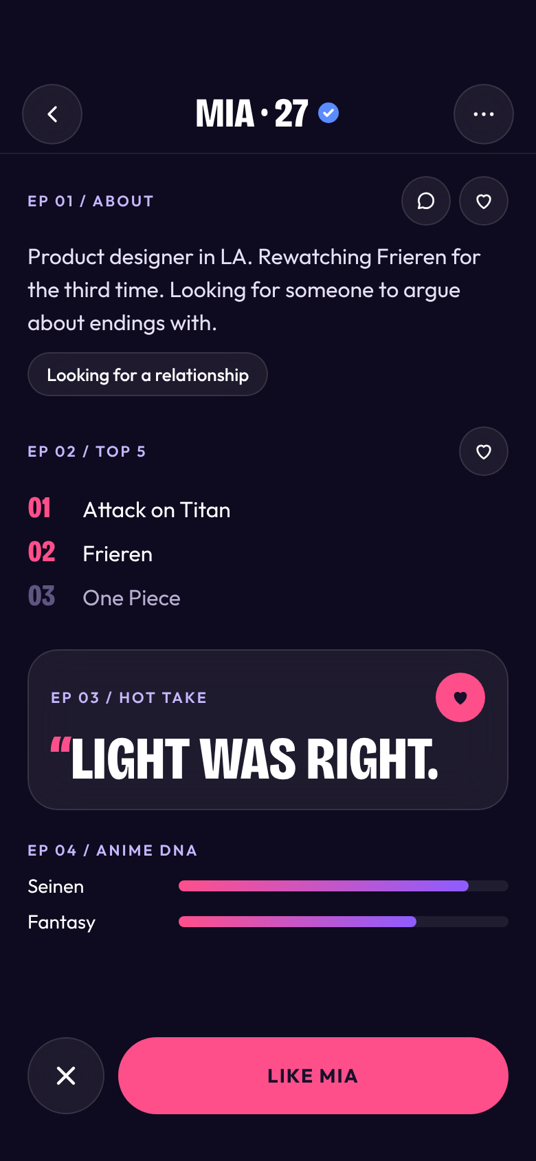 Full profile with Top 5, hot take and Anime DNA