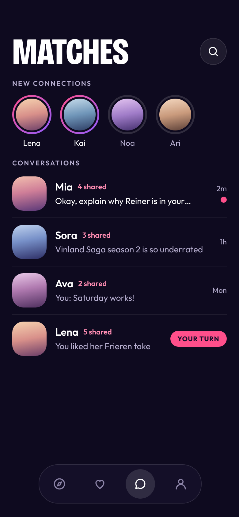 Matches list that keeps the context of each like