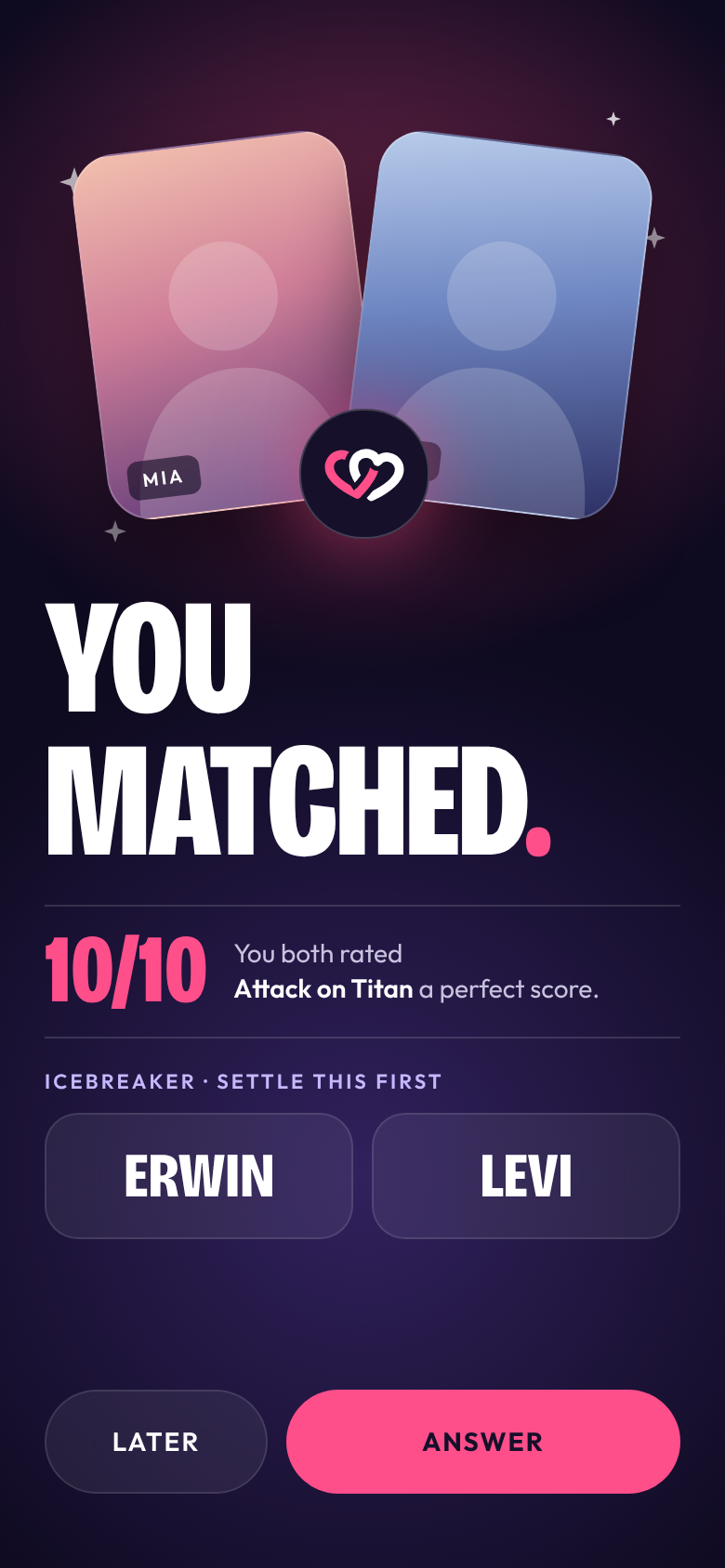 AniKoi match screen with an icebreaker